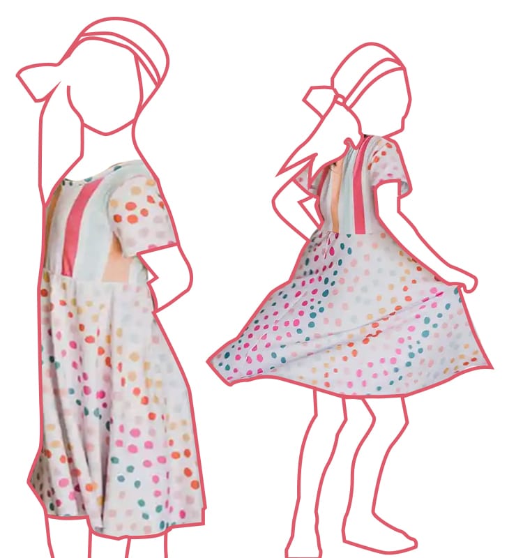 front and back view of a kid wearing a multi-colored jersey dress with short sleeves and a circle skirt