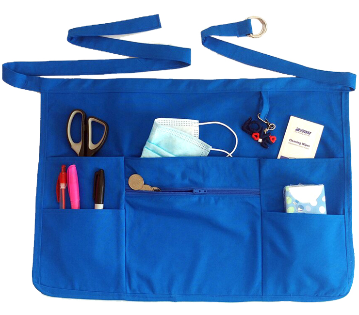 A blue utility-style half apron featuring various items and props placed in the pockets for added functionality and visual appeal.